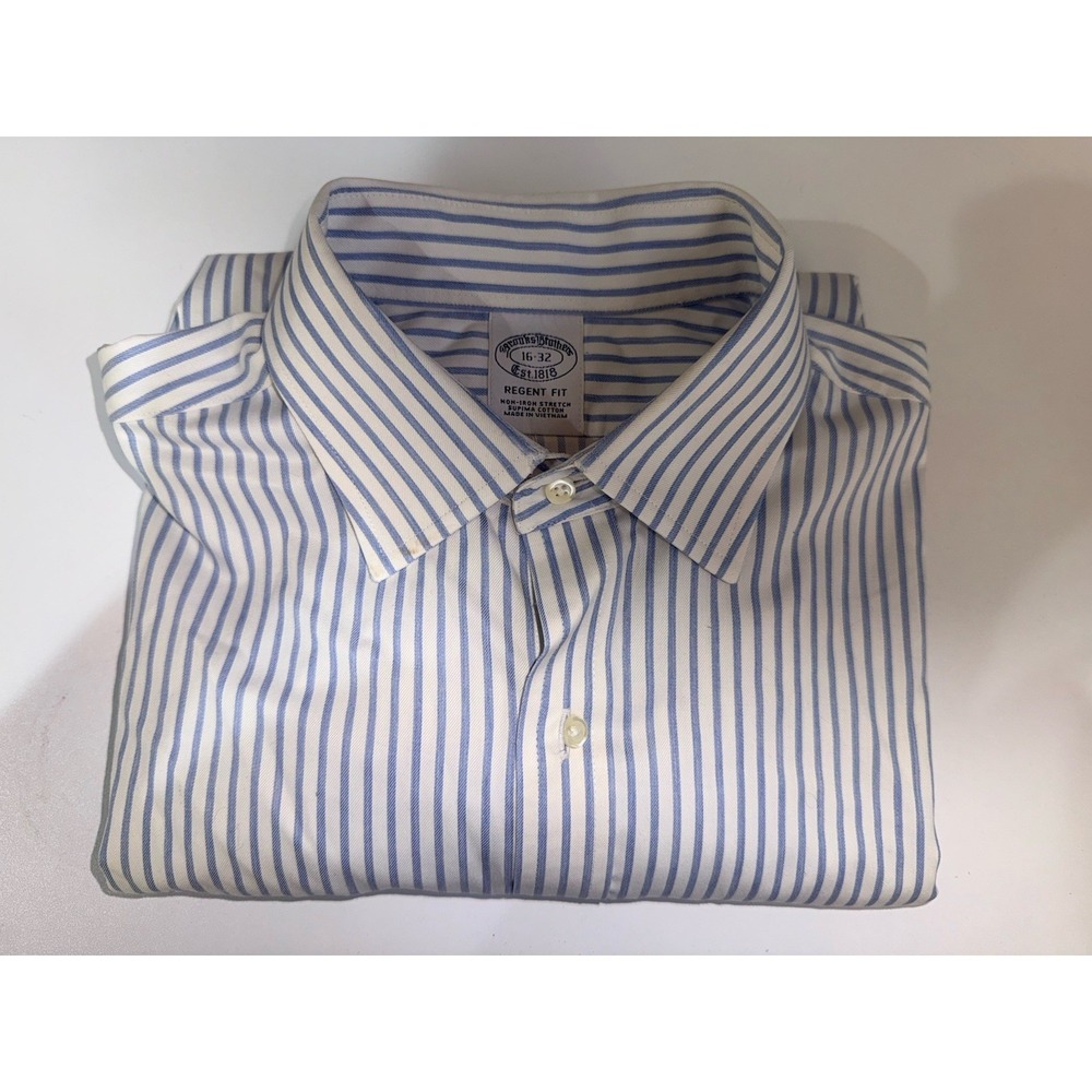 Brooks Brothers Dress Shirt Mens 16-32 Blue/White Stripes‎ Regent Fit No Iron L